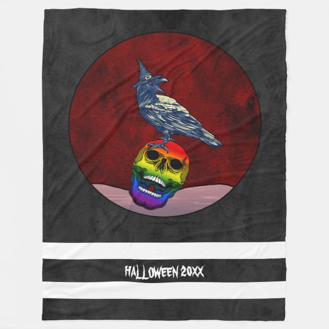 Halloween-Kråka på Skull i Rainbow Flagga Färg Fleecefilt (Framsidan)