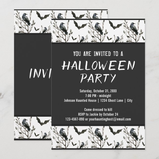 Halloween-Kråkor Fladdermus Black and White Waterc Inbjudningar (Fram/baksida)