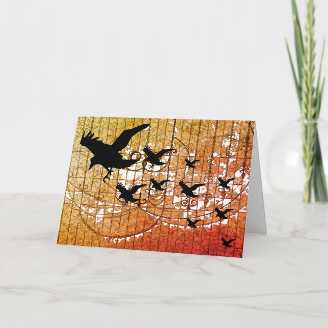 Halloween-Kråkor flyger genom hemlig slottsablaze Kort (Framsida)