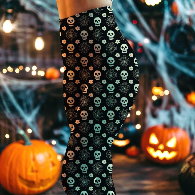 Halloween-kranier och blommor Mönster Leggings (Skapare uppladdad)