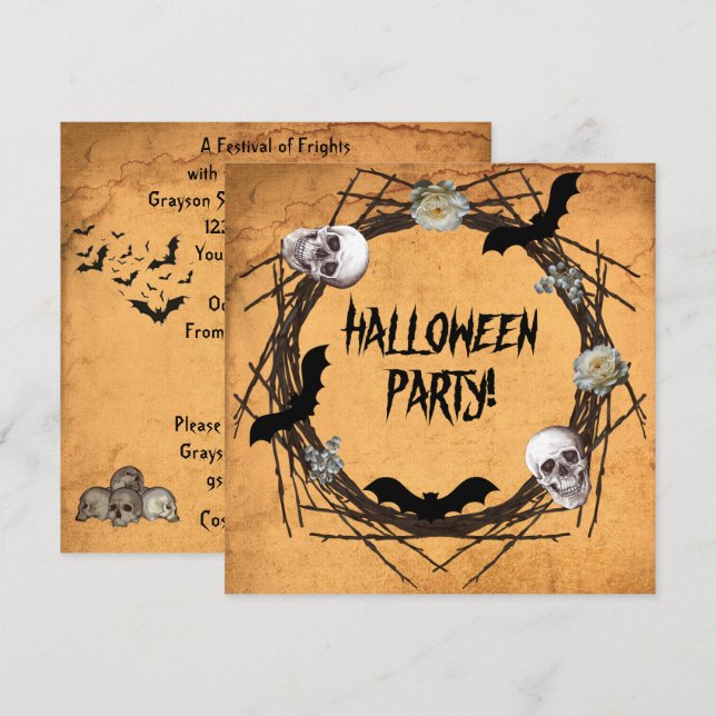 Halloween-krans på Grunge Background Inbjudningar (Fram/baksida)