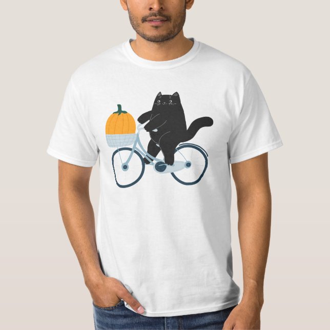Halloween Kürbis Katze auf Fahrrad T Shirt (Framsida)