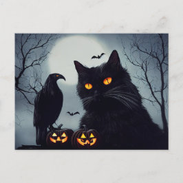 Halloween Kürbisse Katze und Rabe bei Vollmond. Vykort