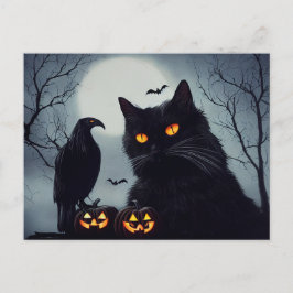 Halloween Kürbisse Katze und Rabe bei Vollmond. Vykort