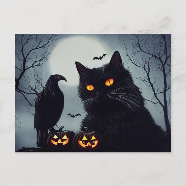 Halloween Kürbisse Katze und Rabe bei Vollmond. Vykort (Framsida)