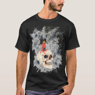 Halloween kuslig dödskalle, ljus, spindlar & nät t shirt
