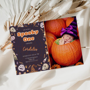 Halloween Kuslig Ettårs Födelsedags Foto Inbjudan 