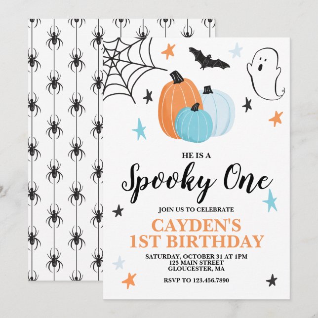 Halloween Kuslig Ettårsfest Blå Pumpor Inbjudningar (Fram/baksida)