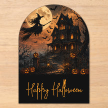 Halloween Kuslig Häxa Flyger Över Spökhus w
