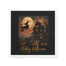 Halloween Kuslig Häxa Flyger Över Spökhus w