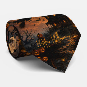 Halloween Kuslig Häxa Flyger Över Spökhus w Slips