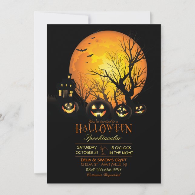 Halloween Kuslig Mörk Fullmåne Jack O Lantern Inbjudningar (Framsida)