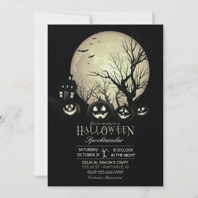 Halloween Kuslig Mörk Fullmåne Jack O Lantern Inbjudningar (Framsida)