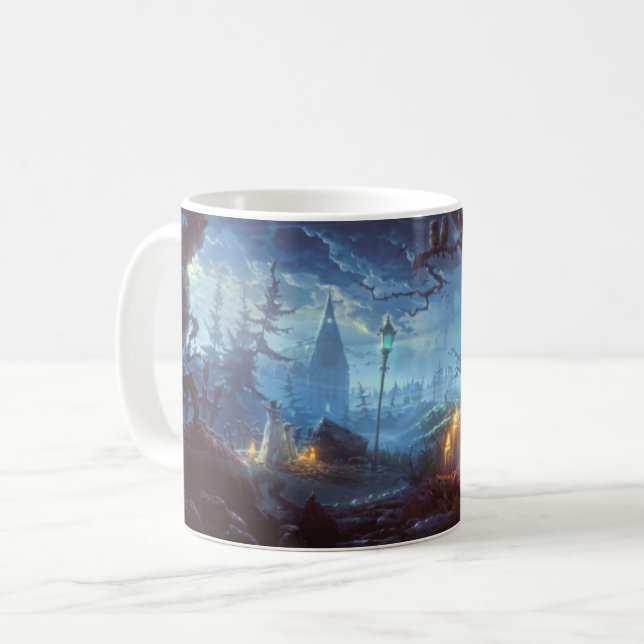 Halloween kuslig natt Jack-O-Lantern spökhus träd Kaffemugg (Framsida vänster)