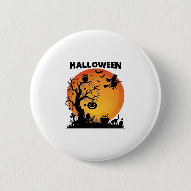 Halloween Kuslig Träd Flygande Häxa Orange Måne Bl Knapp (Framsida)
