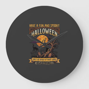 Halloween Kuslig Träd Fullmåne Svart Katt Kyrkogår Stor Klocka