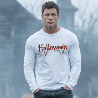 halloween, kuslig, vinrankor, rötter, röd textning t shirt