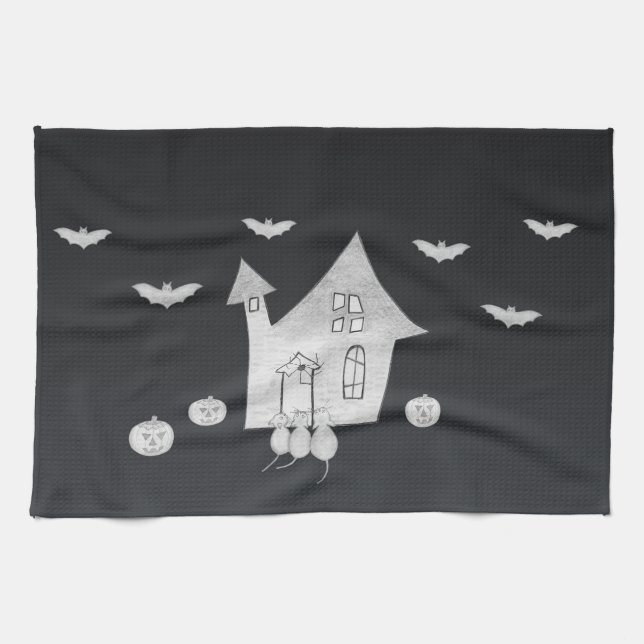 Halloween kväll med Haunted House, Fladdermus, Pum Kökshandduk (Horisontell)