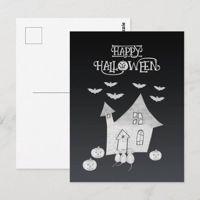 Halloween kväll med Haunted House, Fladdermus, Pum Vykort (Fram/baksida)