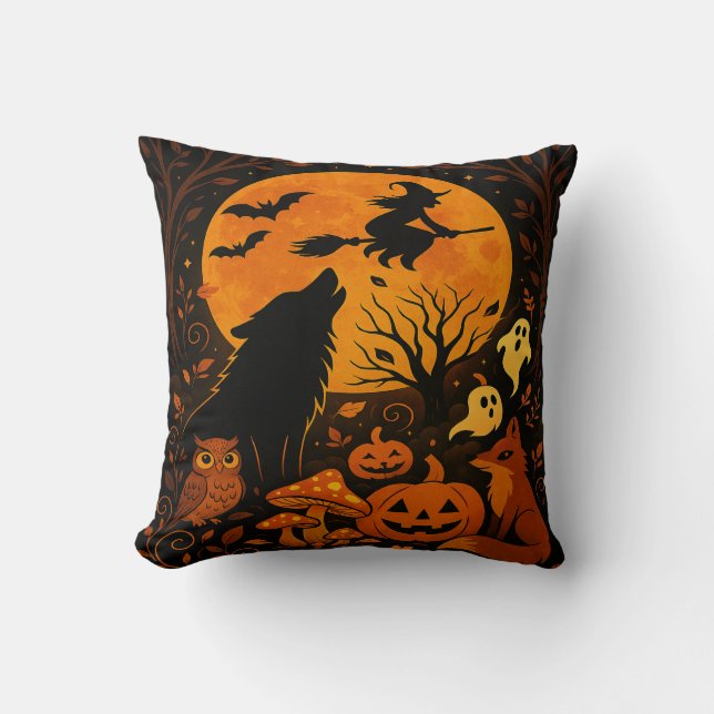 Halloween Kvast Flygande Häxa och Måne Kastkudde Kudde (Framsida)