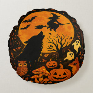 Halloween kvast flygande häxa och måne rund kudde