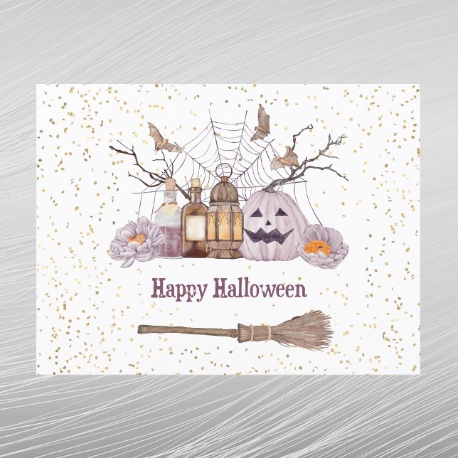 Halloween Kvast Pumpa Spindelnät Lykta Helg Vykort (Skapare uppladdad)