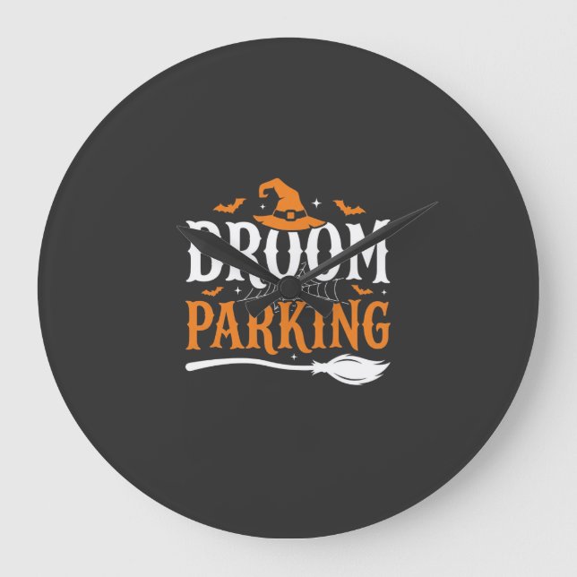 Halloween Kvastsparkering Häxa Hatt Grafik Stor Klocka (Framsida)