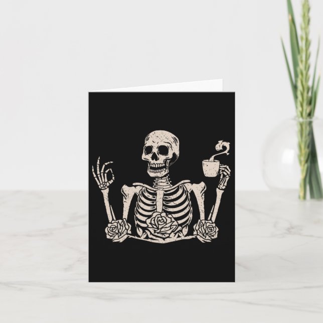 Halloween Kvinnor Män Roligt Skelett Dricker Kaffe Kort (Framsida)