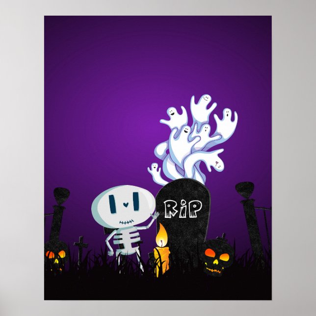 Halloween Kyrkogård Kuslig Söt Skelett & Spöken Poster (Framsidan)