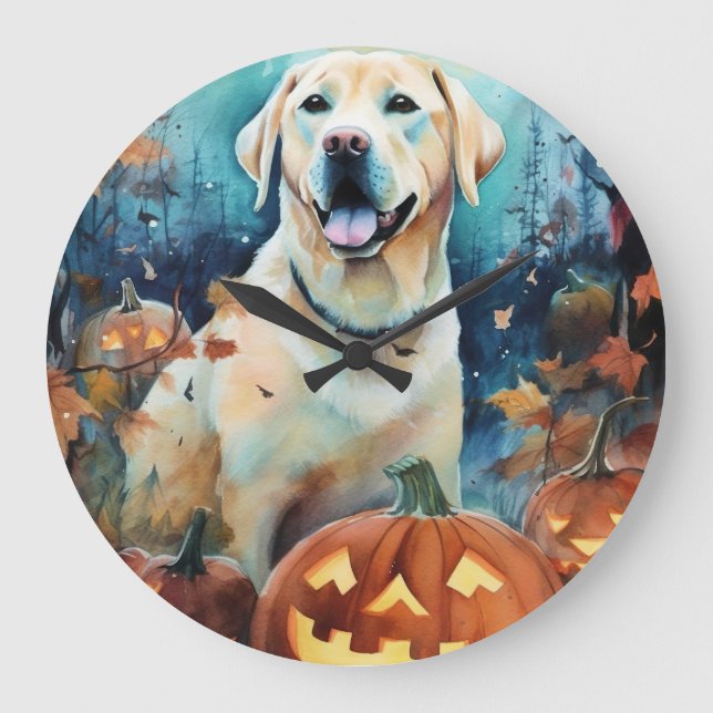 Halloween Labrador med pumpar läskig Stor Klocka (Framsida)