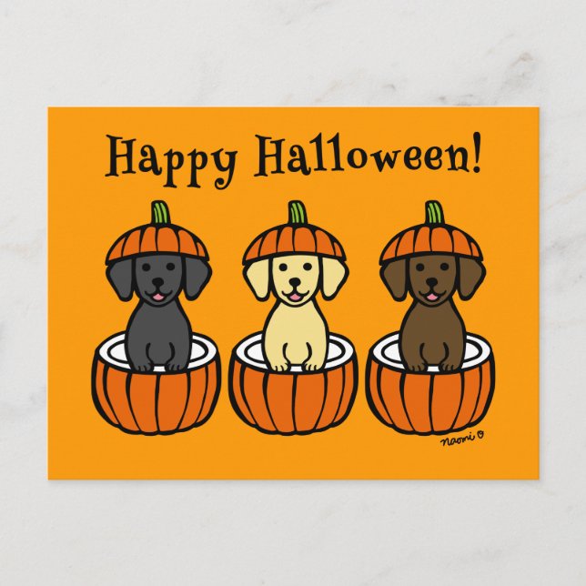Halloween Labrador Puppies och Pumpkins Vykort (Framsida)