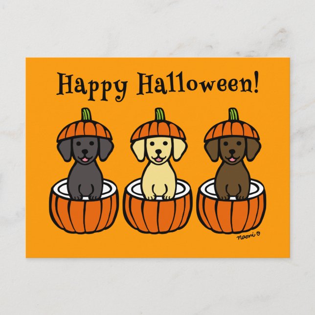 Halloween Labrador Puppies och Pumpkins Vykort (Framsida)