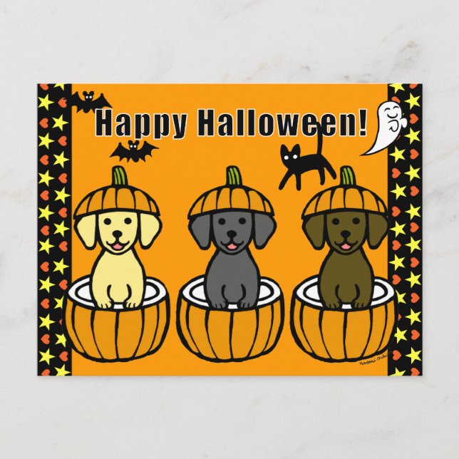 Halloween Labrador Puppies och Pumpkins Vykort (Framsida)