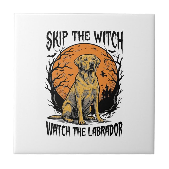 Halloween Labrador-tröja med spökhundvarning_1 Kakelplatta (Framsidan)