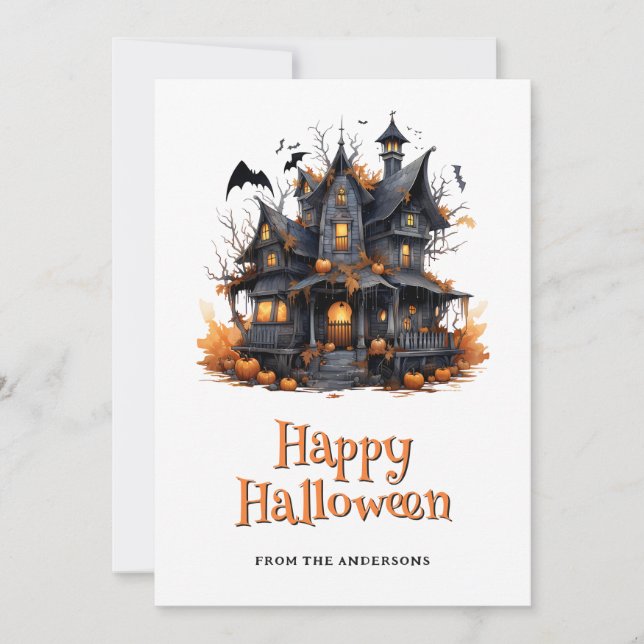 Halloween Land House Pumpkins Ghost Card Julkort (Framsida)