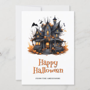 Halloween Land House Pumpkins Ghost Card Julkort