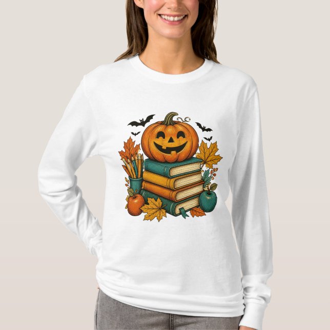 Halloween Lärar Festiv Bok Tema T Shirt (Framsida)