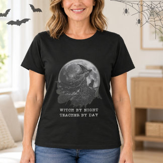 Halloween lärare häxa fullmåne ljus bokstavsstil t shirt