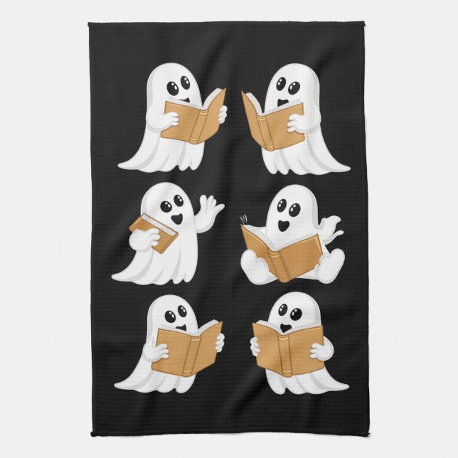 Halloween lärare spöke läser böcker bibliotekarie kökshandduk (Vertikal)