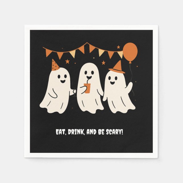 Halloween Lekfull Vit Spöke Svart Festlig  Pappersservett (Framsidan)