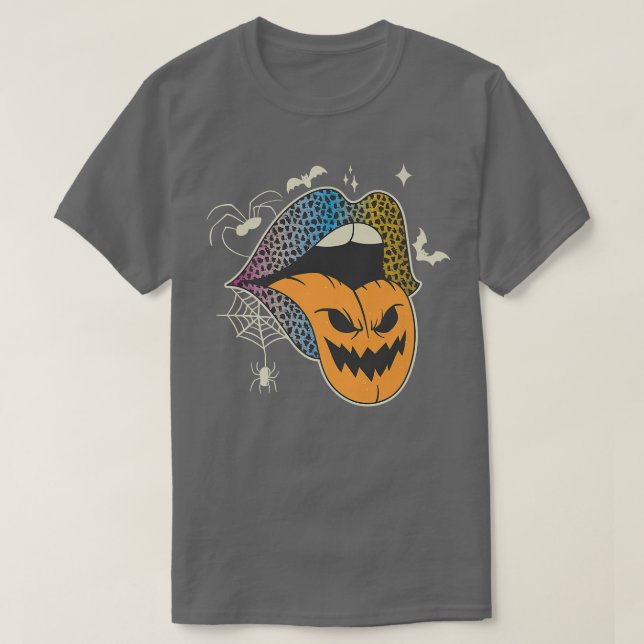 Halloween Leopard Rainbow Läppar Women Pumpkin Ton T Shirt (Design framsida)