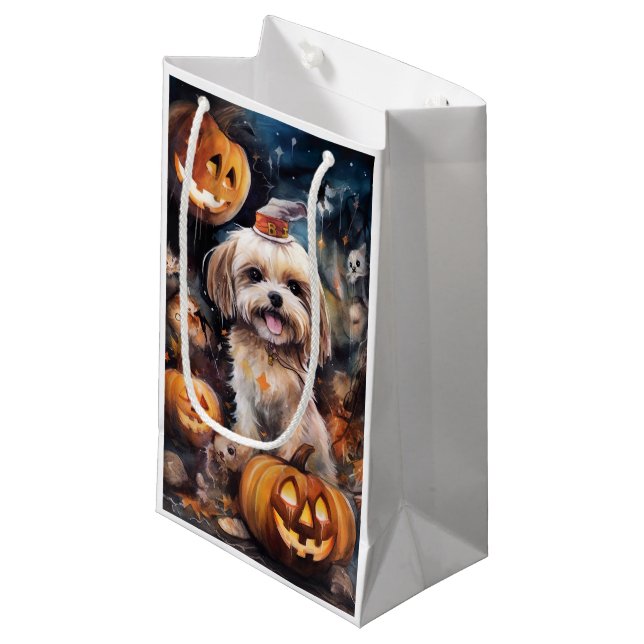 Halloween Lhasa Apso med pumpor Scary (Framsidan Vinklad)