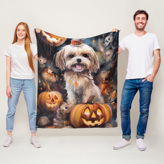 Halloween Lhasa Apso med pumpor Scary Fleecefilt (På plats)