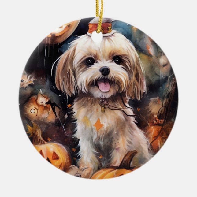 Halloween Lhasa Apso med pumpor Scary Julgransprydnad Keramik (Framsidan)