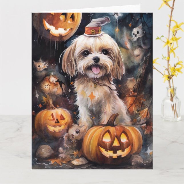 Halloween Lhasa Apso med pumpor Scary Kort (Gul blomma)