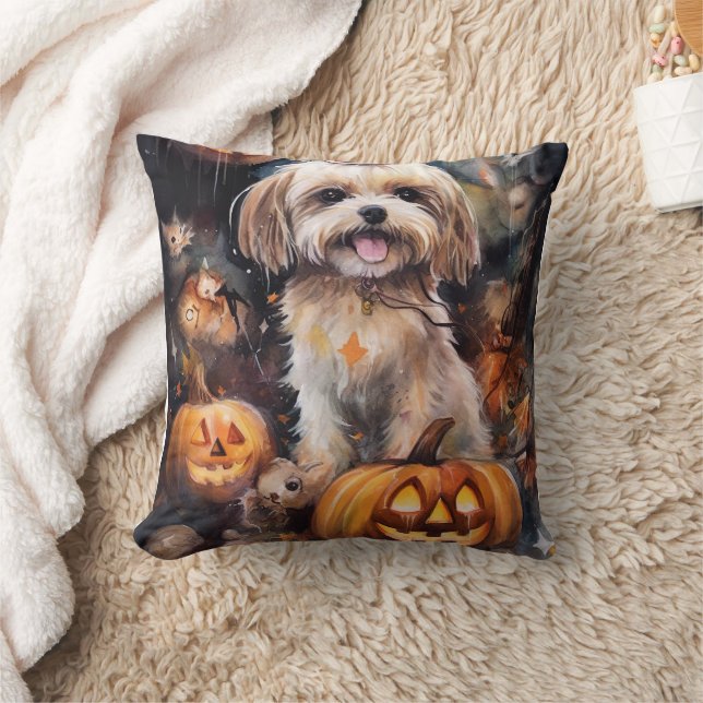 Halloween Lhasa Apso med pumpor Scary Kudde (Filt)