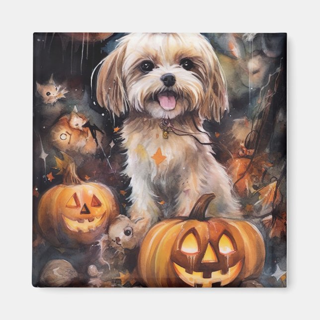 Halloween Lhasa Apso med pumpor Scary Magnet (Framsidan)