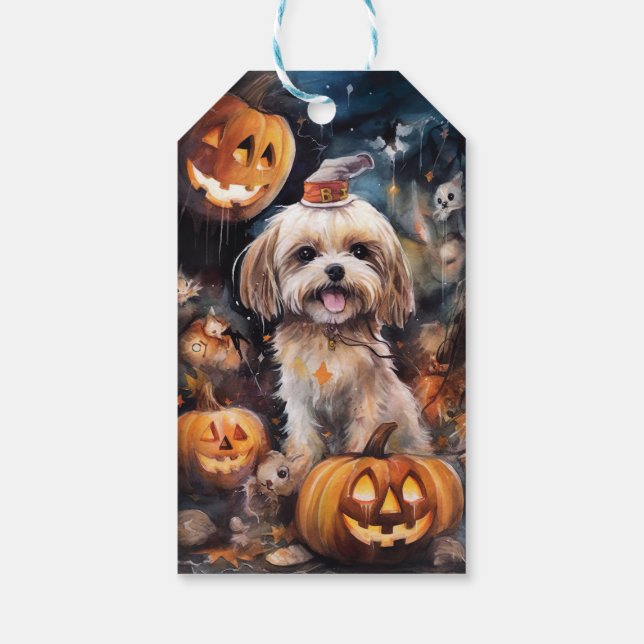 Halloween Lhasa Apso med pumpor Scary Presentetikett (Baksidan)