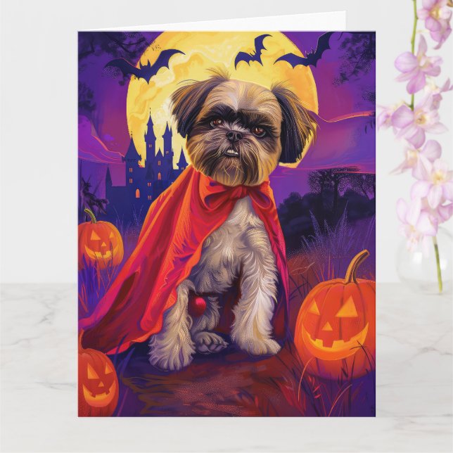 Halloween Lhasa Apso Vampire Pumpkins Scary Kort (Orkide)