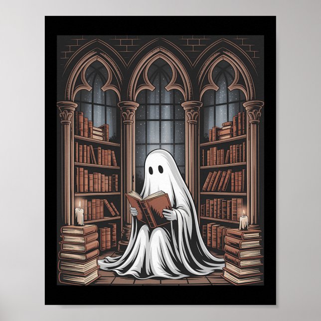 Halloween Librarian Ghost Reading Bokar Älskare Li Poster (Framsidan)
